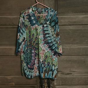 Double Decker Top Size M Sheer Tunic Beach‎ Cover Up Peacock Feathers Sequins